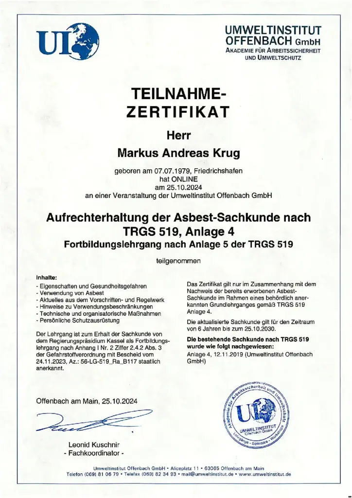 Zertifikat Asbest-Sachkundenachweis bis 25.10.2030
