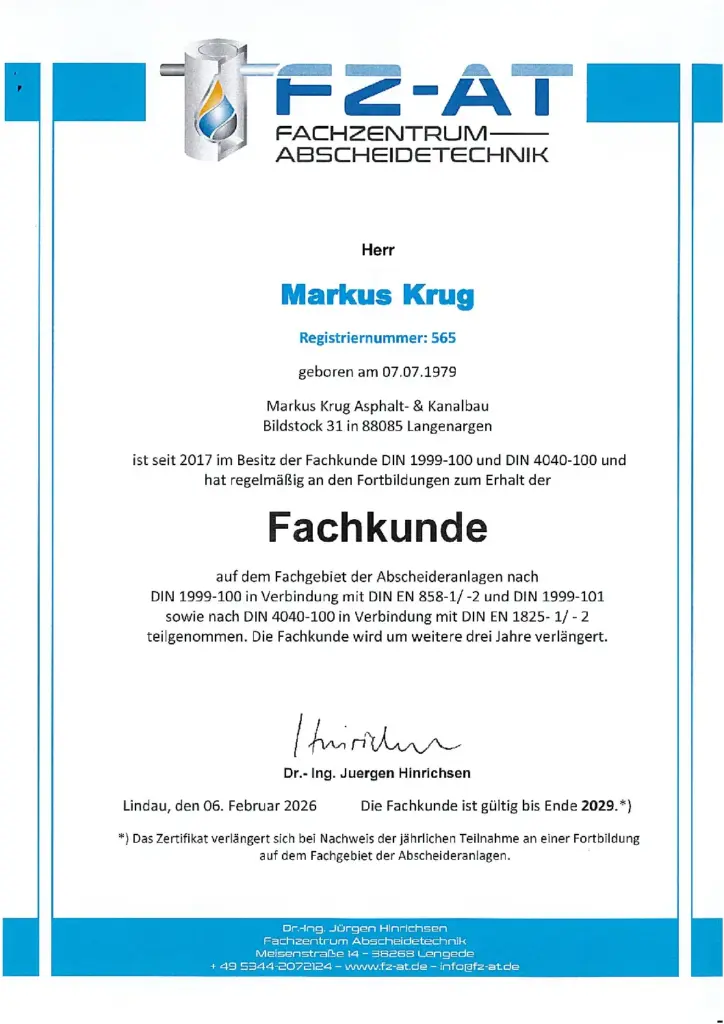 Zertifikat Fachkunde Abscheider
