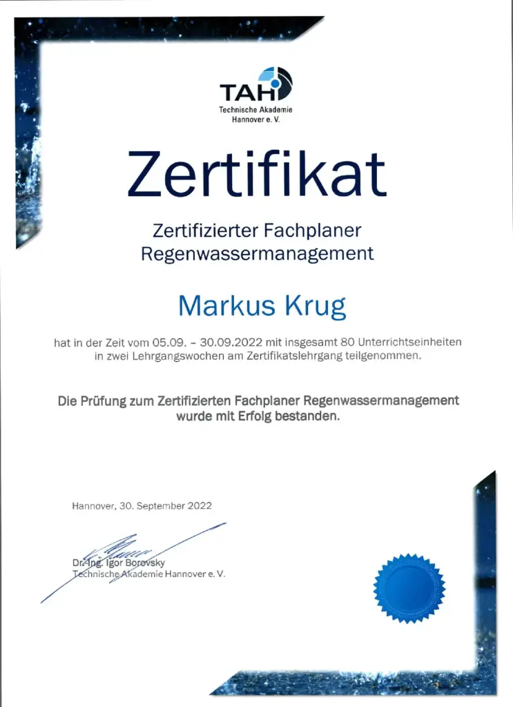 Zertifikat Zertifikat Fachplaner Regenwassermanagement