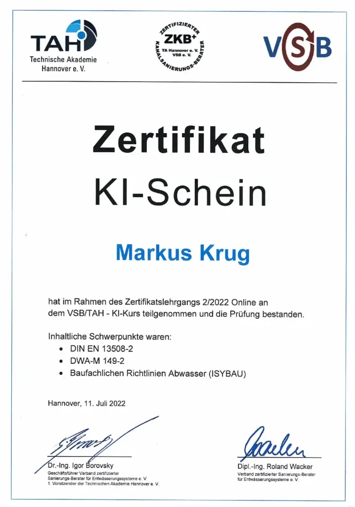 Zertifikat Zertifikat KI-Schein TAH VSB 2022