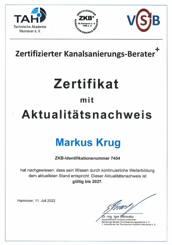 Zertifikat Zertifikat Kanalsanierungsberater Ak tualitätsnachweis gültig bis 2027