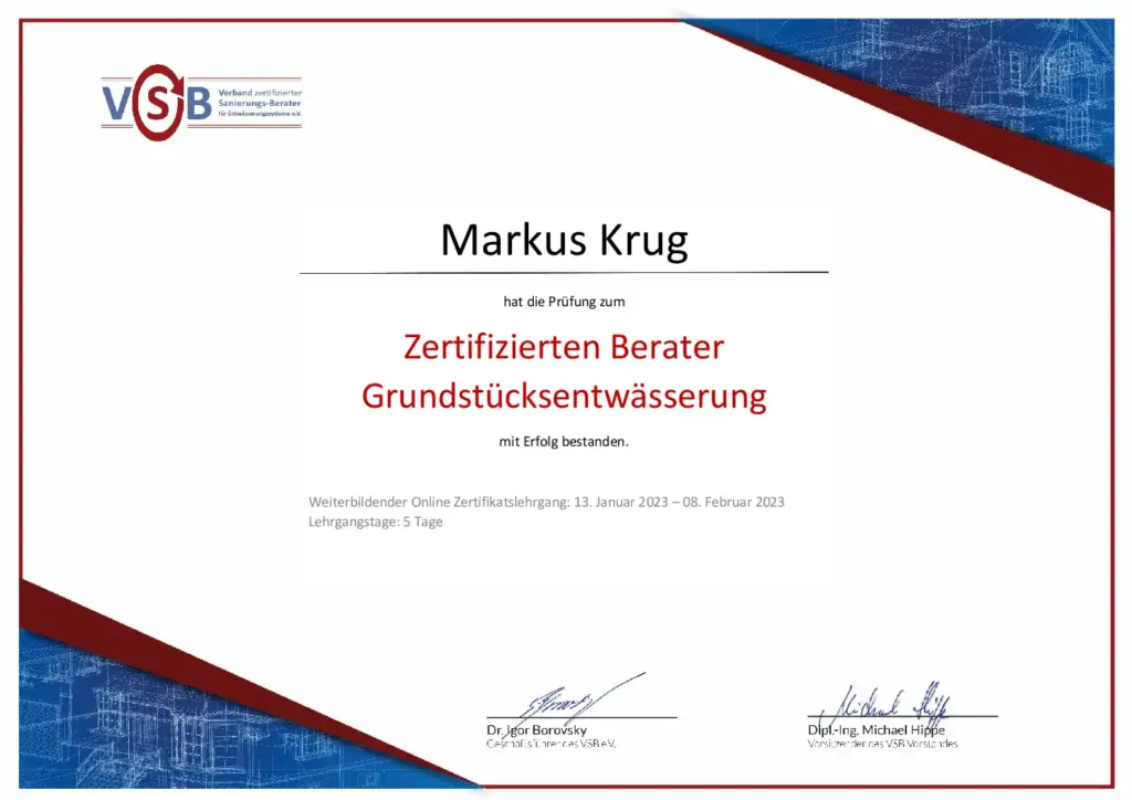 Zertifikat Zertifikat Zertifizierter Berater Grundstuc ksentwässerung – Markus Krug_08.02.2023